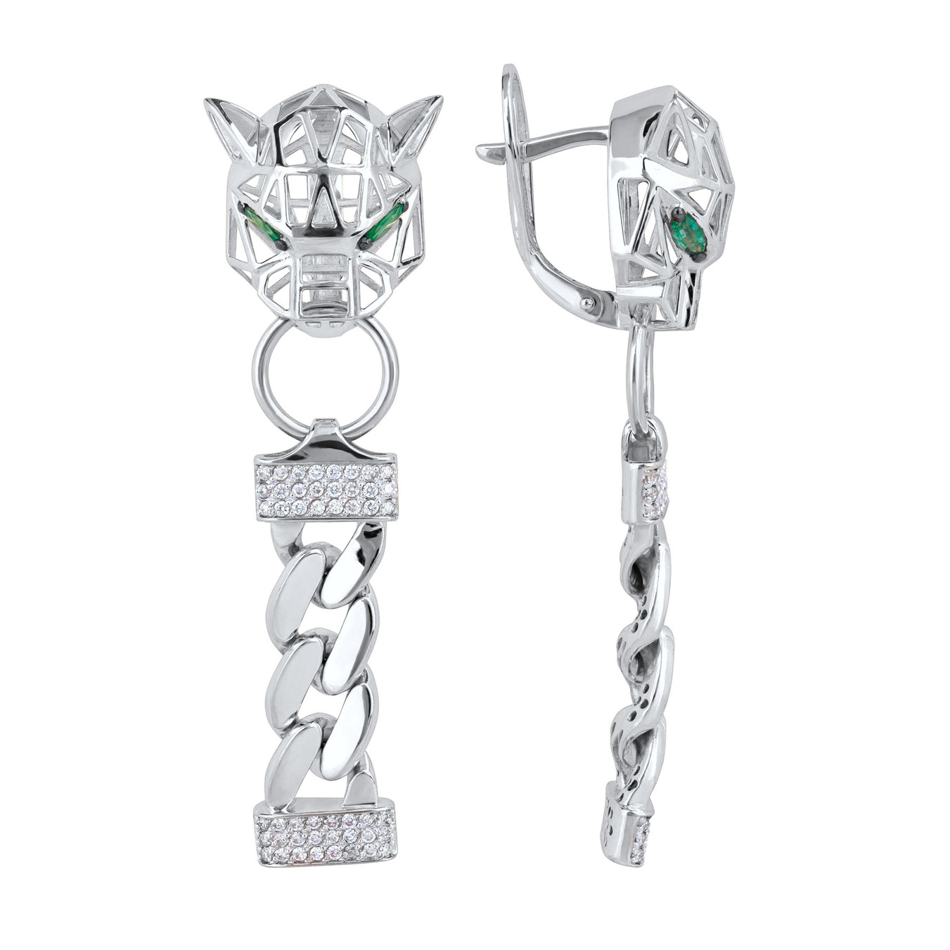 Серьги PUMA TRANSFORME из белого золота 585 пробы с изумрудом и бриллиантами
