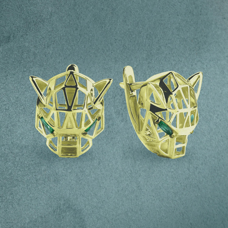 Серьги PUMA TRANSFORME из лимонного золота 585 пробы с изумрудом