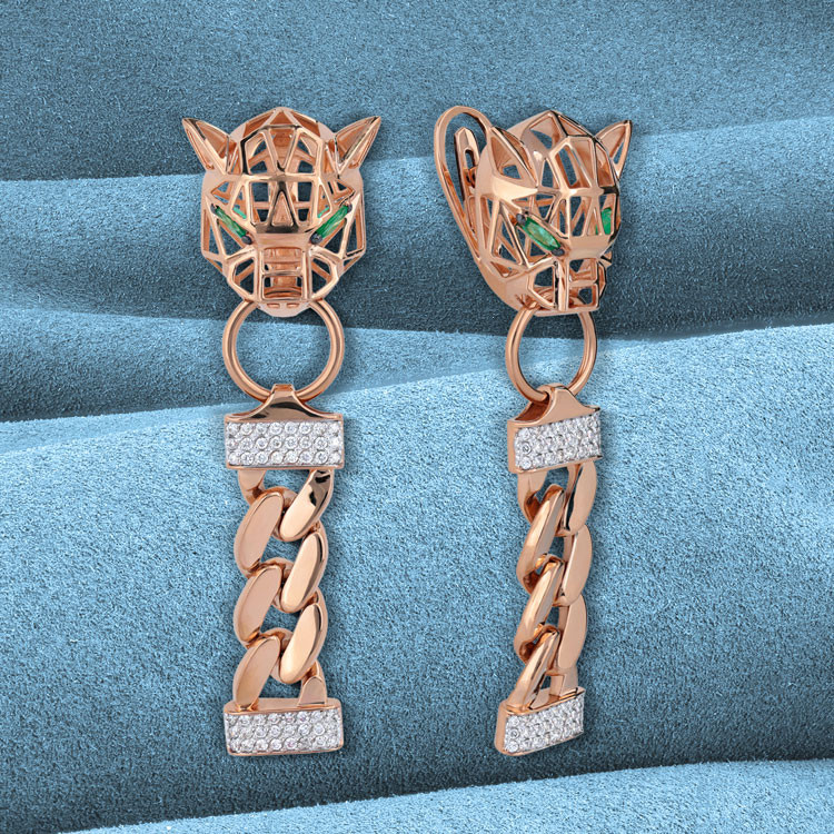 Серьги PUMA TRANSFORME из красного золота 585 пробы с изумрудом и бриллиантами