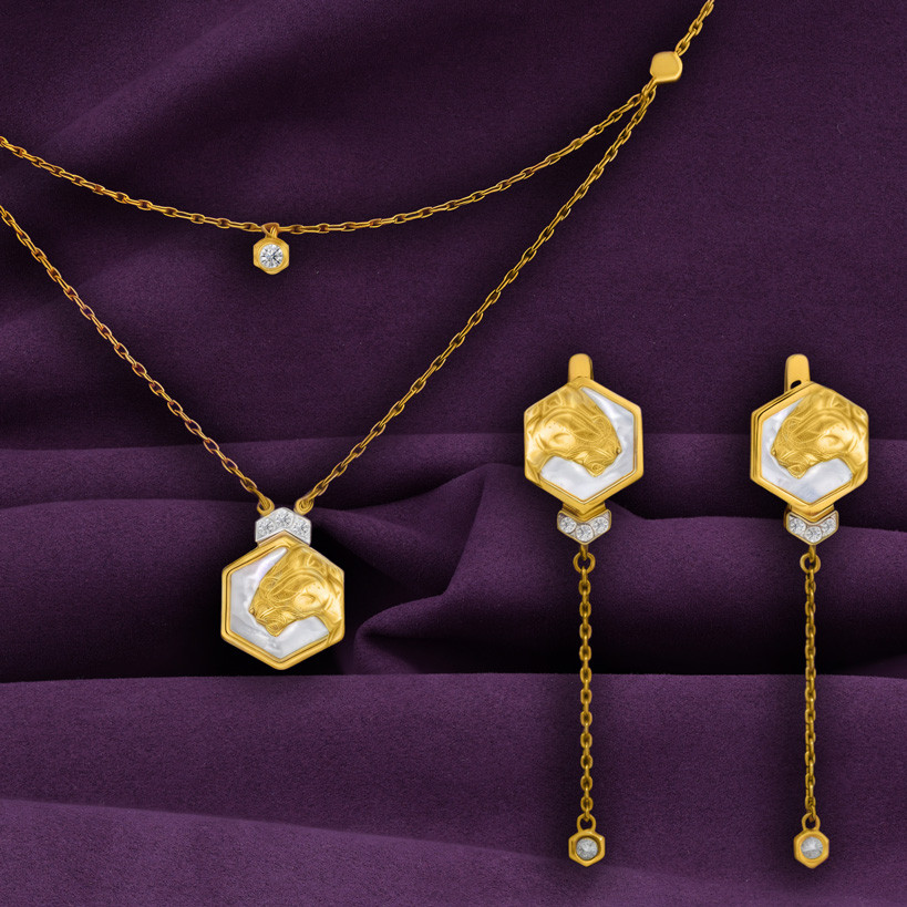 Серьги Hexagon из лимонного золота 585 пробы с перламутром и бриллиантами